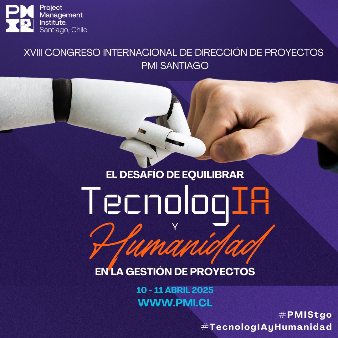 pmistgo's tweet image. SAVE THE DATE
🚀 ¡Nuestro XVIII Congreso Internacional de Dirección de Proyectos ya tiene fecha!
🗓️ 10 y 11 de abril 2025
🌟 Tema: El Desafío de Equilibrar #TecnologIAyHumanidad en la #Gestión de #Projectos
Prepárate para el desafío. ¡Nos vemos en #PMIStgo!