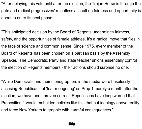 The Board of Regents is likely to approve boys in girls' sports next week. 

Republicans were right: Prop 1 has opened the door to radical policies that reject biology and harm women and girls.

Statement from <a href="/ChairmanEdCox/">Ed Cox</a>: