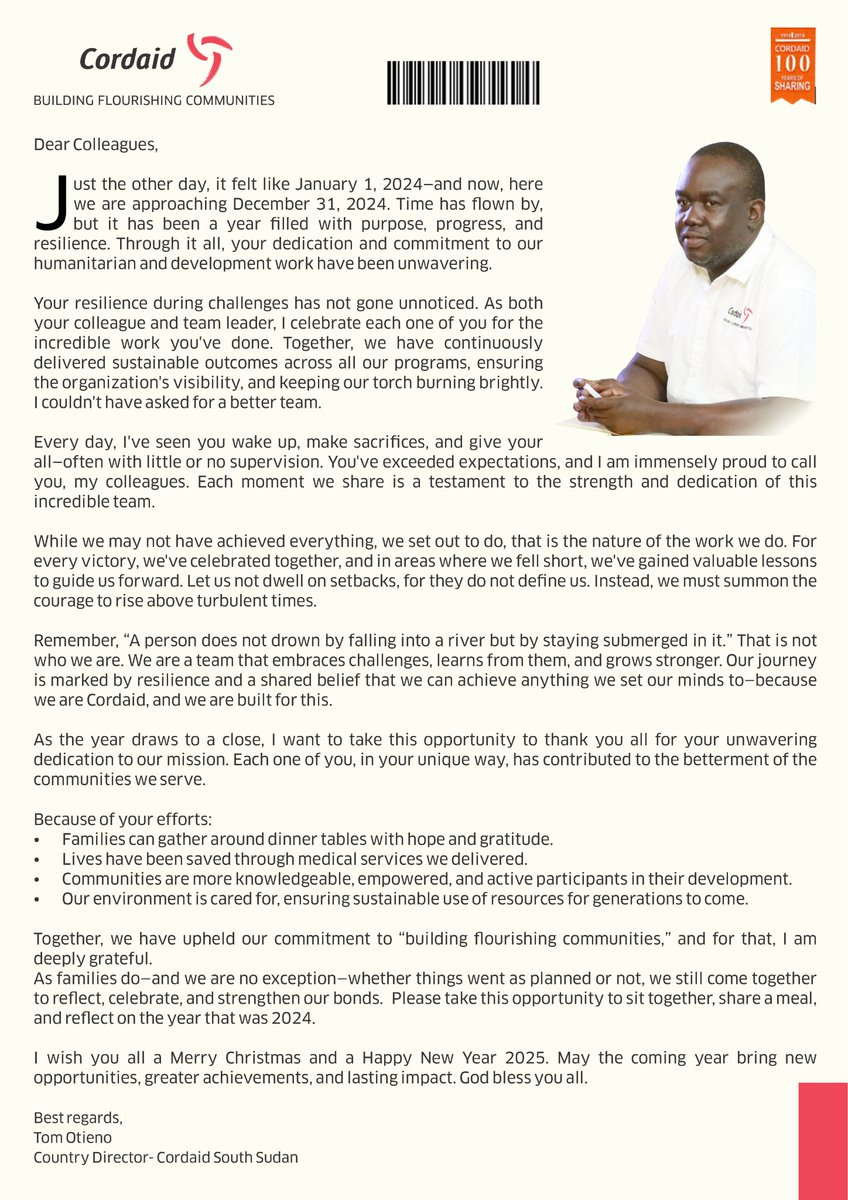 CordaidSSD's tweet photo. Best wishes from Tom Otieno , Country Director of Cordaid South Sudan, as we wrap up 2024 and look forward to a successful 2025!

#BuildingFlourishingCommunities
#CordaidSouthSudan https://t.co/uKhGi73Hn4