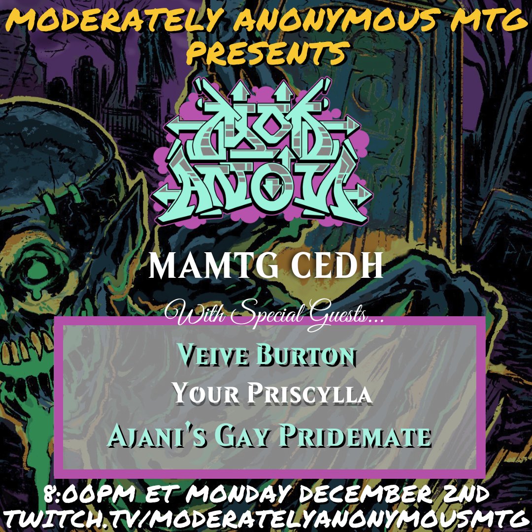 This is gonna be a lot of fun!  cEDH with my sweet loves

<a href="/your_priscylla/">Scylla</a> 
<a href="/LennyWooley/">Ajani's Gay Pridemate</a> 
and number one Rograkh enjoyer <a href="/VeiveBurton/">Veive</a> !

c u at 8 xoxox