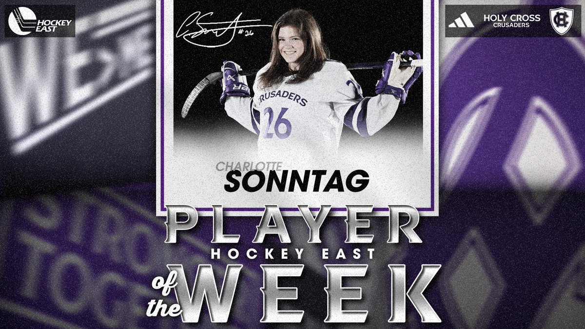 HCrossWHockey's tweet photo. 🏒 Charlotte Sonntag named Hockey East Player of the Week!

✅ First career hat trick in 6-0 win over Assumption
✅ 3 goals, 1 assist, 4 points on the weekend
✅ First Crusader in @Hockey_east era history to record a hat trick

📰 https://t.co/VNonFxMkJS

#GoCrossGo https://t.co/kg19WoJEPX