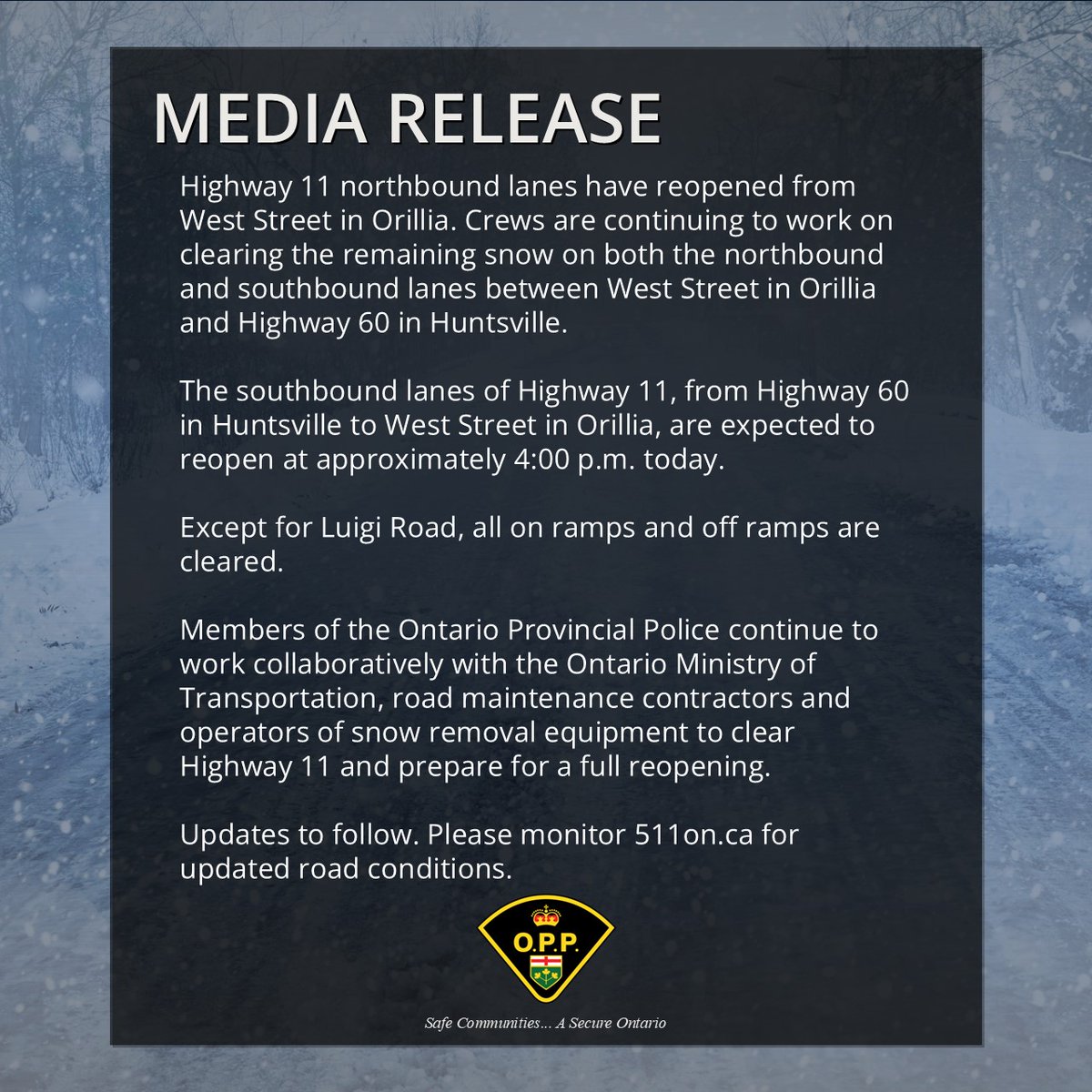 UPDATE: #Hwy11 NB lanes have reopened from West Street in Orillia. See media release for more details.^bh