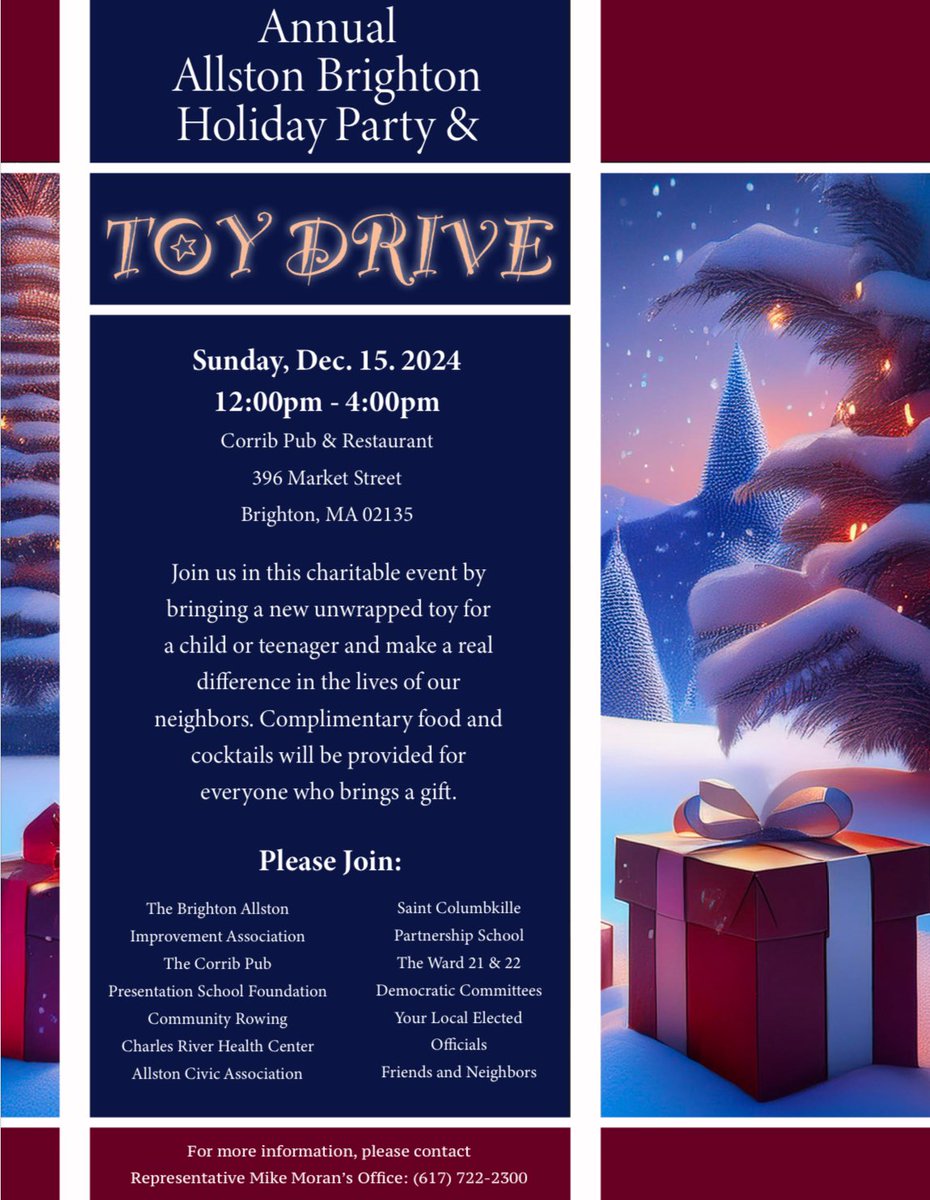 Please join us on Sunday, December 15th from 12pm-4pm at the Corrib Pub &amp; Restaurant for the Annual Allston Brighton Toy Drive!! 

#Allstonbrighton