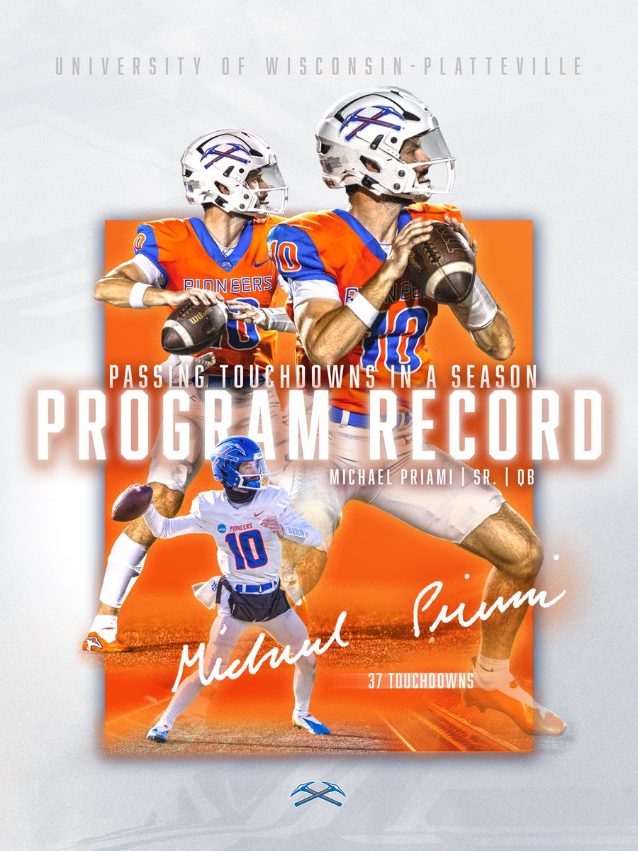 UW-Platteville Athletics (@uwp_pioneers) on Twitter photo QB1 moves into 1st. ⛏️
Congrats to senior <a href="/mpriami18/">Michael Priami</a> of <a href="/UWPlattFootball/">UW-Platteville Football</a> for moving into 1st in the program record book for Passing Touchdowns in a Season! Priami passed for his 37th TD on Saturday which ties Tom Kelly’s mark set in 2016.
#SwingTheAxe #uwp #platteville #d3fb QB1 moves into 1st. ⛏️
Congrats to senior <a href="/mpriami18/">Michael Priami</a> of <a href="/UWPlattFootball/">UW-Platteville Football</a> for moving into 1st in the program record book for Passing Touchdowns in a Season! Priami passed for his 37th TD on Saturday which ties Tom Kelly’s mark set in 2016.
#SwingTheAxe #uwp #platteville #d3fb