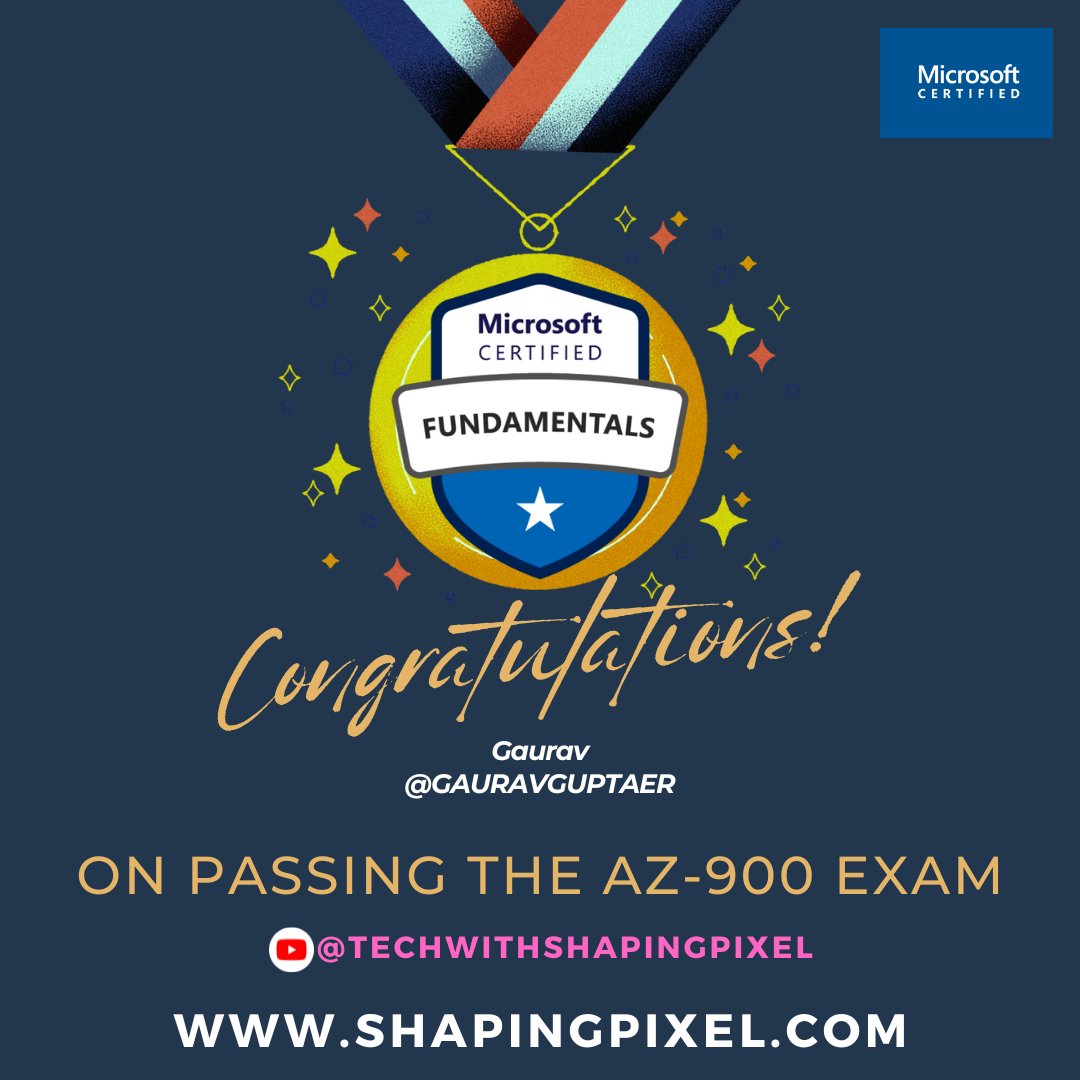 shaping_pixel's tweet image. Congratulations Gaurav @GAURAVGUPTAER on passing the Microsoft Certified Azure Fundamentals AZ-900 Exam 🎉🏅 #azure #azurefundamentals #exampass #certified
