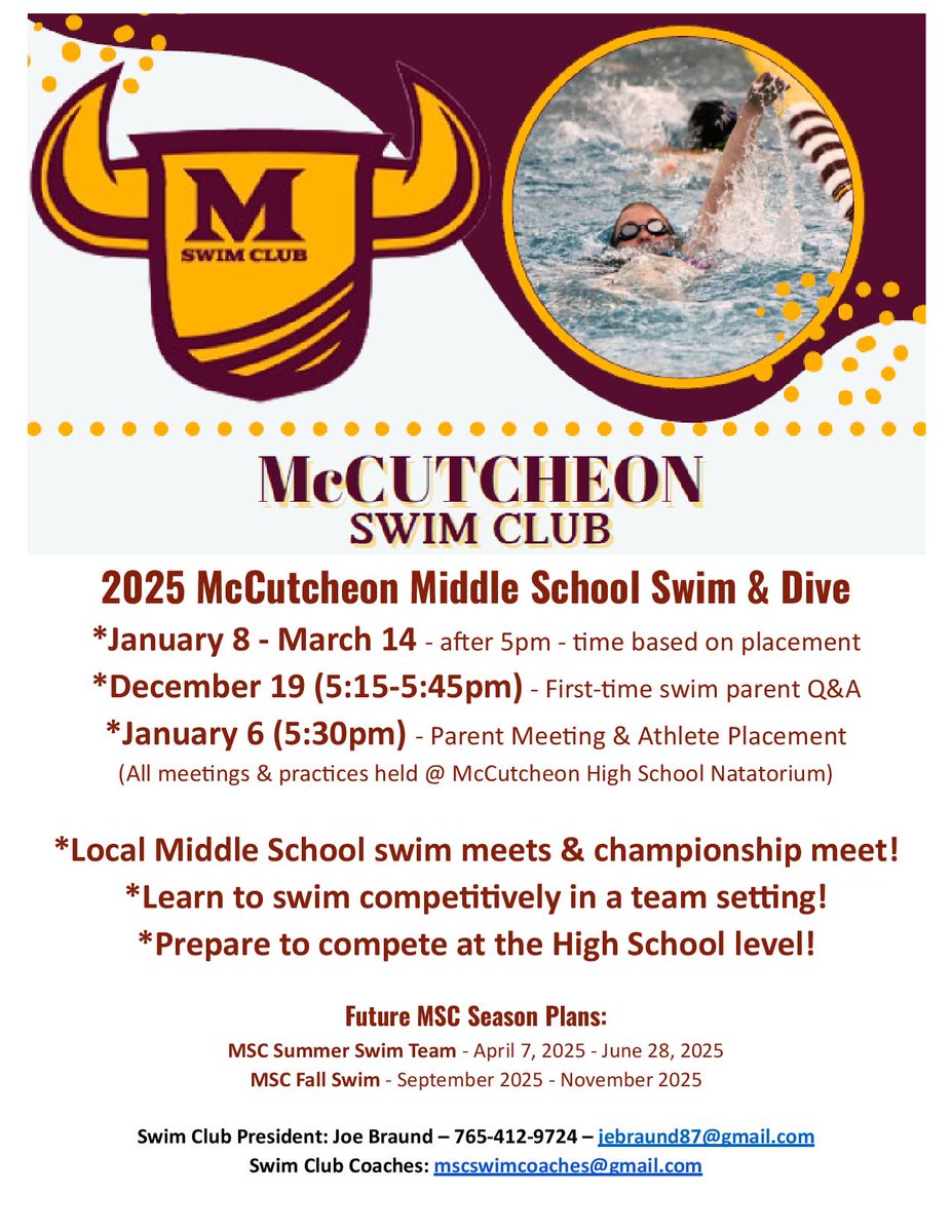 The McCutcheon Swim Club is excited to announce the formation of a new Maverick Middle School Swim &amp; Dive team 🤘〽️🏊

Click the link below for more information and to register your future Maverick(s) today!  👇👇👇

mccutcheonathletics.com/Article/47831