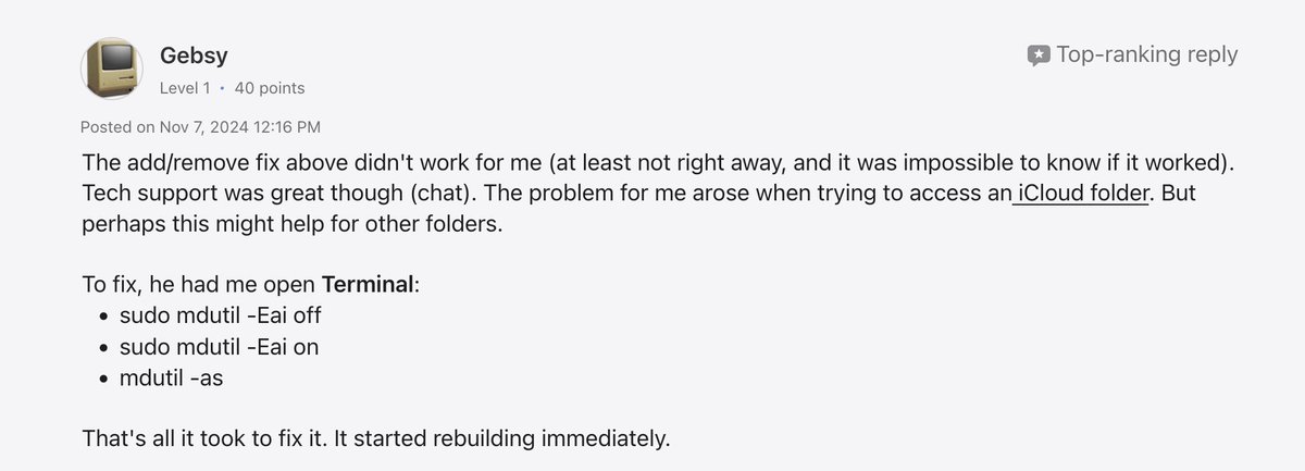 PSA: If you upgraded your <a href="/Apple/">Apple</a> Mac to #Sequoia and have found that your Spotlight search is broken (not finding any apps in particular), you need to fix the Spotlight index to get it to work. The solution mentioned here in this link worked for me: discussions.apple.com/thread/2558255…