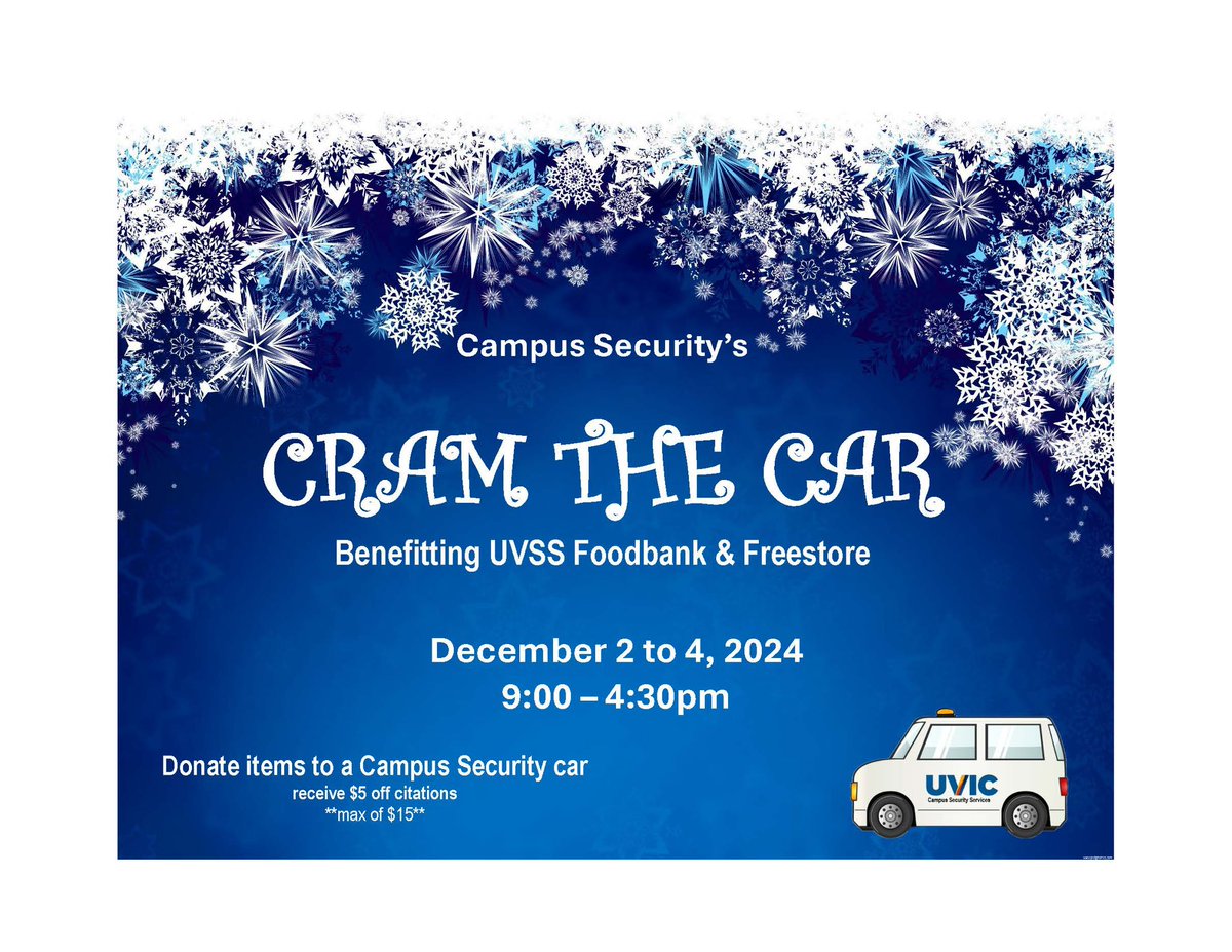 uvicsecurity's tweet image. Campus Security is collecting donations Dec  2-4 to benefit the UVSS Foodbank and Free store. Receive $5 off parking citations (up to $15) when you donate non-perishable items.
Donations must not be expired, open, perishable or homemade. Come to Campus Security for this event!