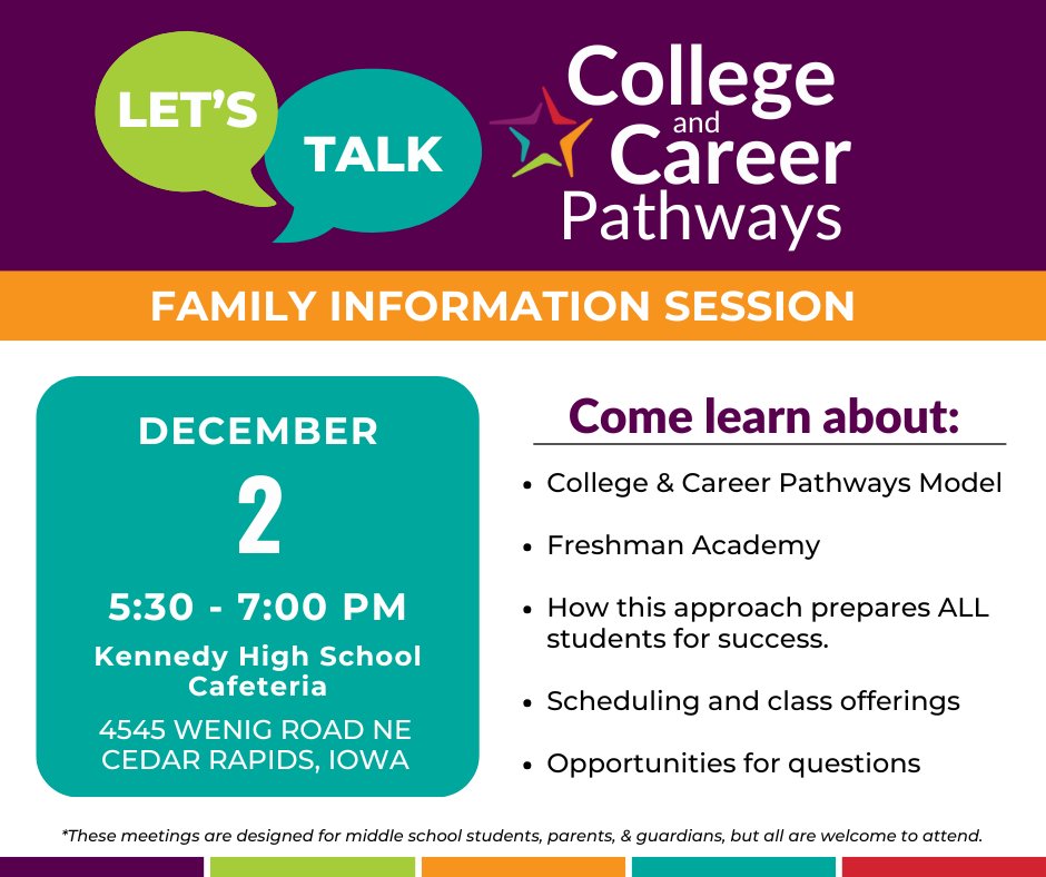 🎓📚 Join us TONIGHT for the first of three College and Career Pathways Informational Meetings! This meeting is your chance to learn about the exciting changes coming with the new College and Career Pathways initiative. 

📍 Where: Kennedy High School Cafeteria
🕠 When: 5:30 -