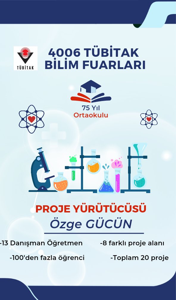 okulumuzdan 13 danışman öğretmen,100'den fazla öğrenci,8 farklı ana proje alanından toplam 20 proje ile başvurumuz tamamlanmıştır. Proje yürütücüsü Özge GÜCÜN ve danışman öğretmenlerimize teşekkür ederiz.
<a href="/tcmeb/">Millî Eğitim Bakanlığı</a>  <a href="/istanbulilmem/">İstanbul İl Millî Eğitim Müdürlüğü</a> <a href="/MemGungoren/">Güngören İlçe Millî Eğitim Müdürlüğü</a> <a href="/Tubitak/">TÜBİTAK</a> <a href="/_ferhat_ozturk/">Ferhat Öztürk</a> <a href="/kenan_0025/">Kenan Sarıavcı</a>