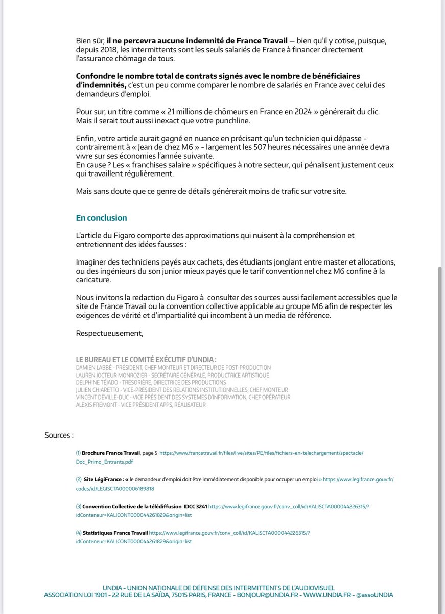 UNDIA (@assoundia) on Twitter photo 📢 Droit de réponse suite à l’article du <a href="/Le_Figaro/">Le Figaro</a> mis à jour le 30 novembre 2024 intitulé
« Je gagne 2100 à 2700€ par mois pour 6 jours de travail »
emploi.lefigaro.fr/remuneration/g…
Cc <a href="/SpiacCgt/">SPIAC-CGT</a> <a href="/F3CCFDT/">F3C CFDT</a> <a href="/SNRT_CGT_AV/">SNRT CGT AUDIOVISUEL</a> <a href="/cgt_spectacle/">CGT SPECTACLE</a> 📢 Droit de réponse suite à l’article du <a href="/Le_Figaro/">Le Figaro</a> mis à jour le 30 novembre 2024 intitulé
« Je gagne 2100 à 2700€ par mois pour 6 jours de travail »
emploi.lefigaro.fr/remuneration/g…
Cc <a href="/SpiacCgt/">SPIAC-CGT</a> <a href="/F3CCFDT/">F3C CFDT</a> <a href="/SNRT_CGT_AV/">SNRT CGT AUDIOVISUEL</a> <a href="/cgt_spectacle/">CGT SPECTACLE</a>