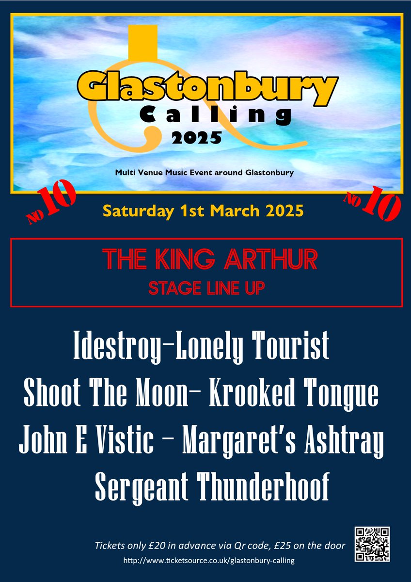 Line up for the King Arthur stage at Glastonbury Calling 10 on Saturday 1st March with Idestroy, Lonely Tourist, Shoot the Moon, Krooked Tongue, John E Vistic, Margaret's Ashtray, Sergeant Thunderhoof.
Please don't take this as the running order
Tickets: ticketsource.co.uk/glastonbury-ca…
