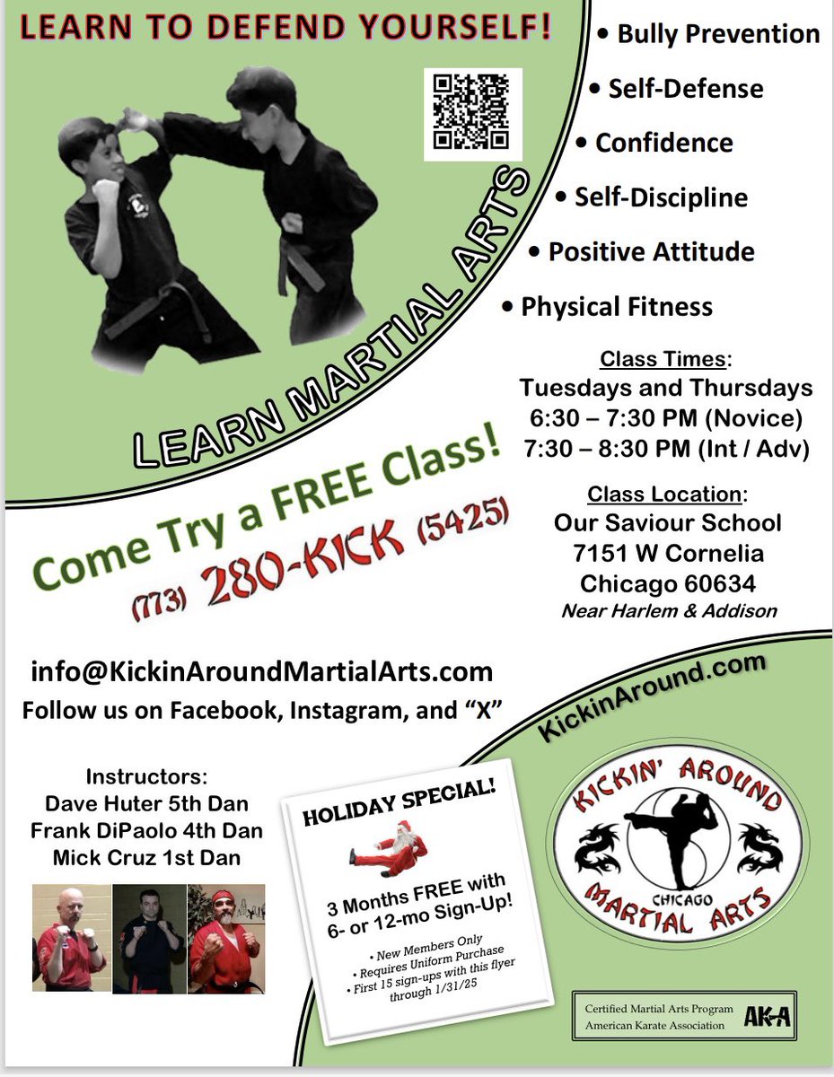 AroundKickin's tweet photo. HOLIDAY SPECIAL! Have fun at your free class, &amp; with your 6- or 12-month sign-up, get 3 months FREE!* Call us - 773-280-KICK (5425)
https://t.co/z4ojOC4puy
*through 1/31/25, call for offer details
https://t.co/rBPYzVrIDz https://t.co/cOfXBz5n4J