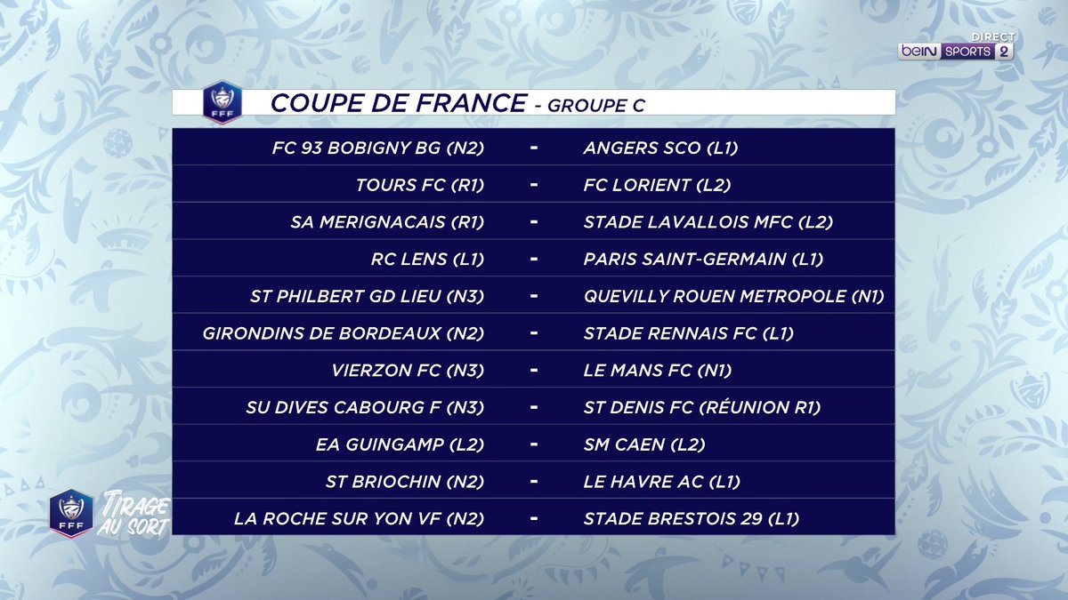 beinsports_FR's tweet photo. 🤩 Le tirage au sort des 32èmes de finale de la #CoupeDeFrance !
 
🔥 Des chocs Saint-Etienne - OM et Lens - PSG, des petits poucets comme Union Saint-Jean (R1) contre l'AS Monaco... Quel match vous intéresse le plus ? https://t.co/1tjCWN0SnV