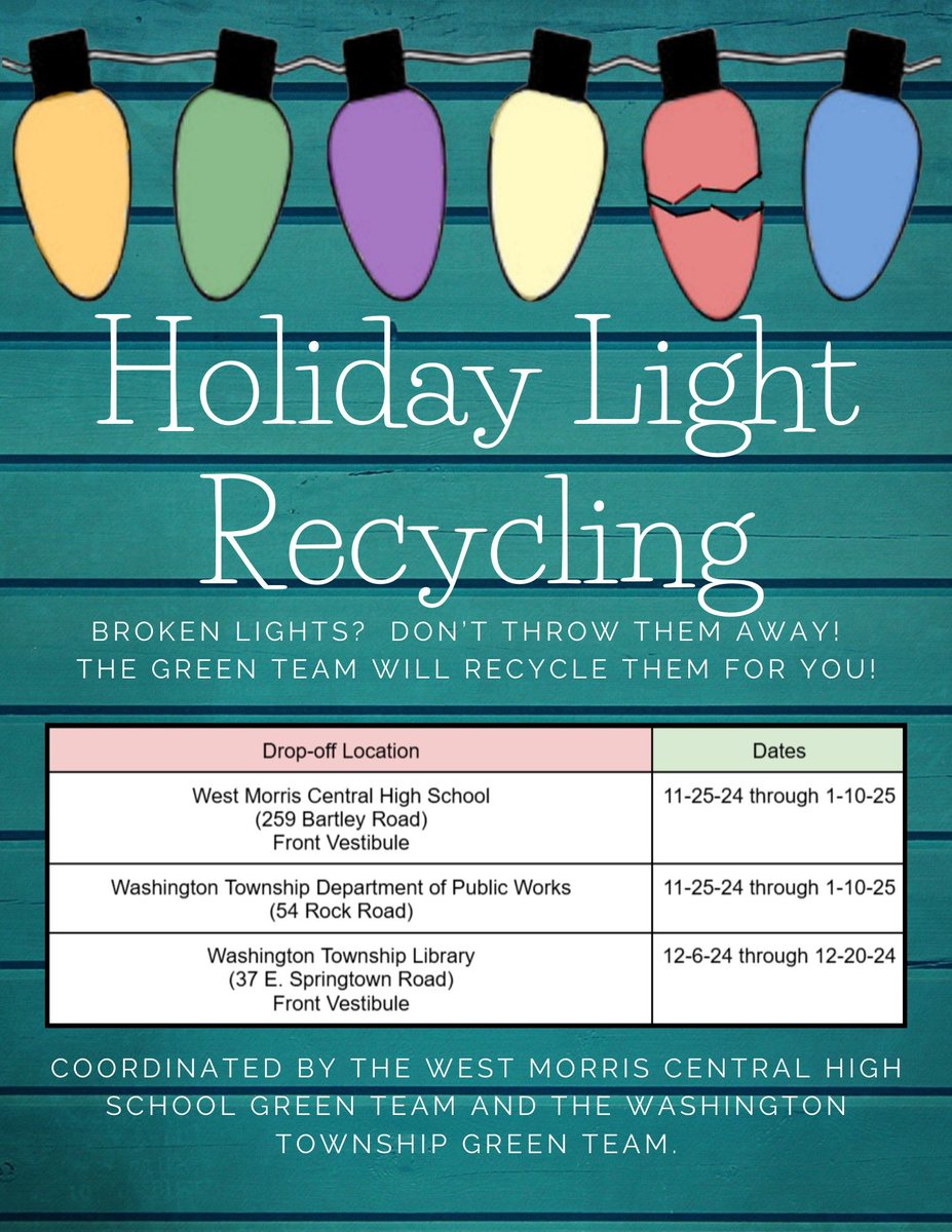 The West Morris Central High School Green Team and the Washington Township Green Team have organized a Holiday Light Recycling Collection.  Check out the flyer for more details.