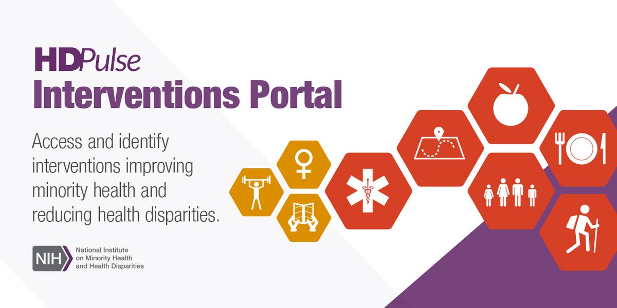 NIMHD's tweet image. Discover evidence-based interventions that address #HealthDisparities in your communities with NIMHD’s #HDPulse Interventions Portal. Learn more and 🔎 explore the possibilities. bit.ly/3XmqeRc