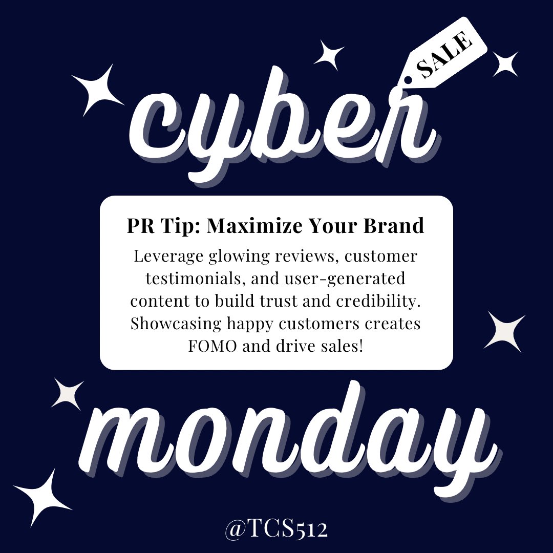 tcs512's tweet photo. Happy customers = best advocates! Leverage their voices to boost trust and drive those Cyber Monday sales.🛍️💰

#tcstips #cybermonday #pr #marketing https://t.co/AvANB161Ju