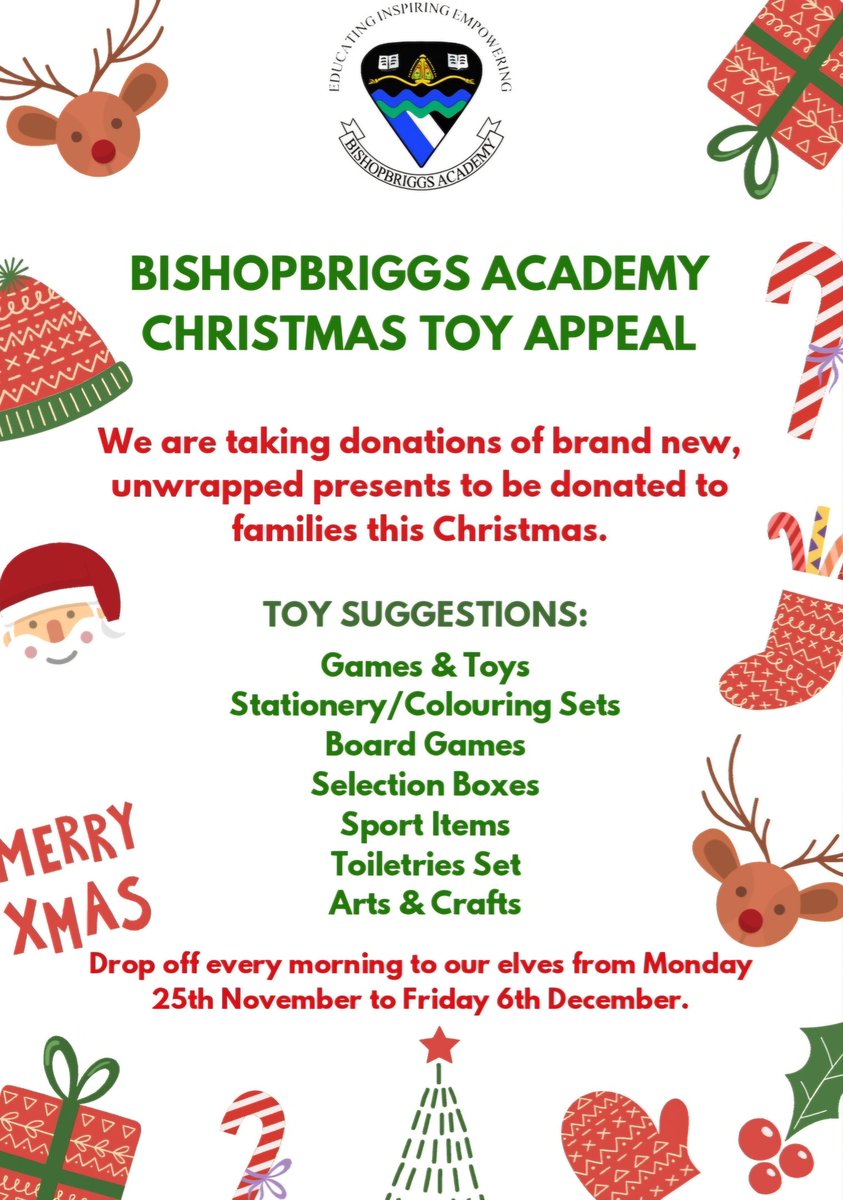 Bishopbriggs Acad PE (@bishype) on Twitter photo TOY APPEAL - LAST WEEK ๐จ๐
๐
Our toy appeal continues again this week. Any donations can be handed in each morning this week from 8.15am to 8.45am in the social area ๐
๐
See below for suggestions ๐
<a href="/BishopbriggsAC/">Bishopbriggs Academy</a> TOY APPEAL - LAST WEEK ๐จ๐
๐
Our toy appeal continues again this week. Any donations can be handed in each morning this week from 8.15am to 8.45am in the social area ๐
๐
See below for suggestions ๐
<a href="/BishopbriggsAC/">Bishopbriggs Academy</a>