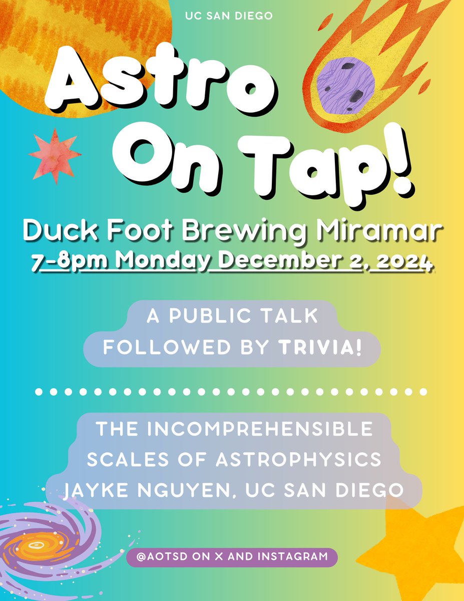 The final Astronomy on Tap San Diego is TONIGHT (December 2)! Jayke Nguyen of UC San Diego will present The Incomprehensible Scales of Astrophysics, followed by astronomy trivia! Join us at 7pm at Duck Foot Brewing in Miramar (8920 Kenamar Drive, San Diego, CA 92121).