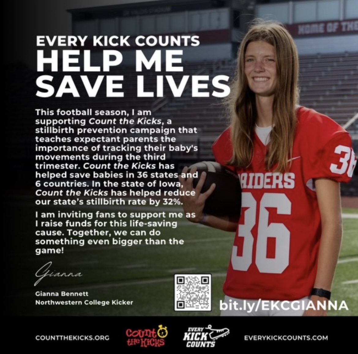 Shaun Bennett (@shaunbennett01) on Twitter photo Tomorrow is Giving Tuesday! Please consider a donation to <a href="/nwc_fb/">Northwestern College Football</a> kicker <a href="/giannabennett20/">Gianna Bennett</a> and her mission to raise stillbirth awareness for <a href="/CounttheKicksUS/">Count the Kicks</a> as an <a href="/EK_Counts/">Every Kick Counts</a> athlete. Every donation helps save lives! Tomorrow is Giving Tuesday! Please consider a donation to <a href="/nwc_fb/">Northwestern College Football</a> kicker <a href="/giannabennett20/">Gianna Bennett</a> and her mission to raise stillbirth awareness for <a href="/CounttheKicksUS/">Count the Kicks</a> as an <a href="/EK_Counts/">Every Kick Counts</a> athlete. Every donation helps save lives!