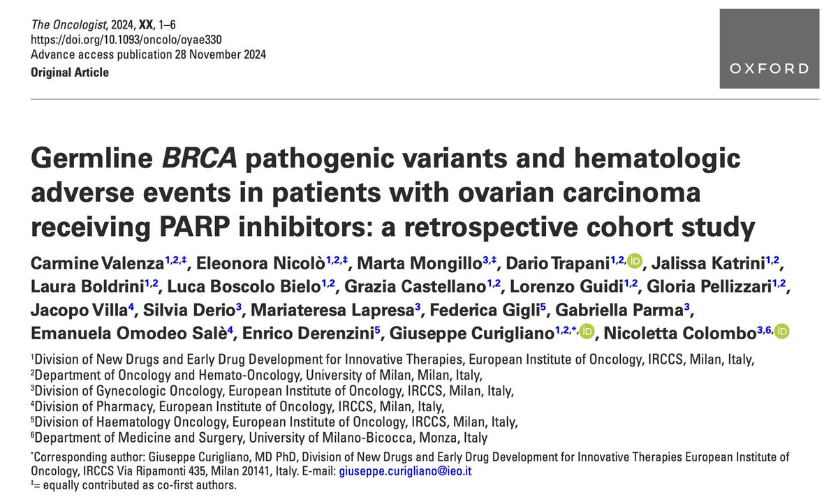 Carmine Valenza (@valenzacarmine) on Twitter photo 📢 Happy to share our last paper on the role of germline BRCA mut in PARPi-related hematologic AEs
⚠️ No differences between carriers vs. non-carriers
Thanks to all the coauthors! <a href="/eleonora_nicolo/">Eleonora Nicolò</a> <a href="/darioT_/">Dario Trapani</a> <a href="/BoscoloLuca_/">Luca Boscolo Bielo</a> <a href="/lorenzoguidimd/">Lorenzo Guidi</a> <a href="/curijoey/">G Curigliano MD PhD</a>
<a href="/IEOufficiale/">IEO</a> <a href="/LaStatale/">Università degli Studi di Milano</a> 📢 Happy to share our last paper on the role of germline BRCA mut in PARPi-related hematologic AEs
⚠️ No differences between carriers vs. non-carriers
Thanks to all the coauthors! <a href="/eleonora_nicolo/">Eleonora Nicolò</a> <a href="/darioT_/">Dario Trapani</a> <a href="/BoscoloLuca_/">Luca Boscolo Bielo</a> <a href="/lorenzoguidimd/">Lorenzo Guidi</a> <a href="/curijoey/">G Curigliano MD PhD</a>
<a href="/IEOufficiale/">IEO</a> <a href="/LaStatale/">Università degli Studi di Milano</a>