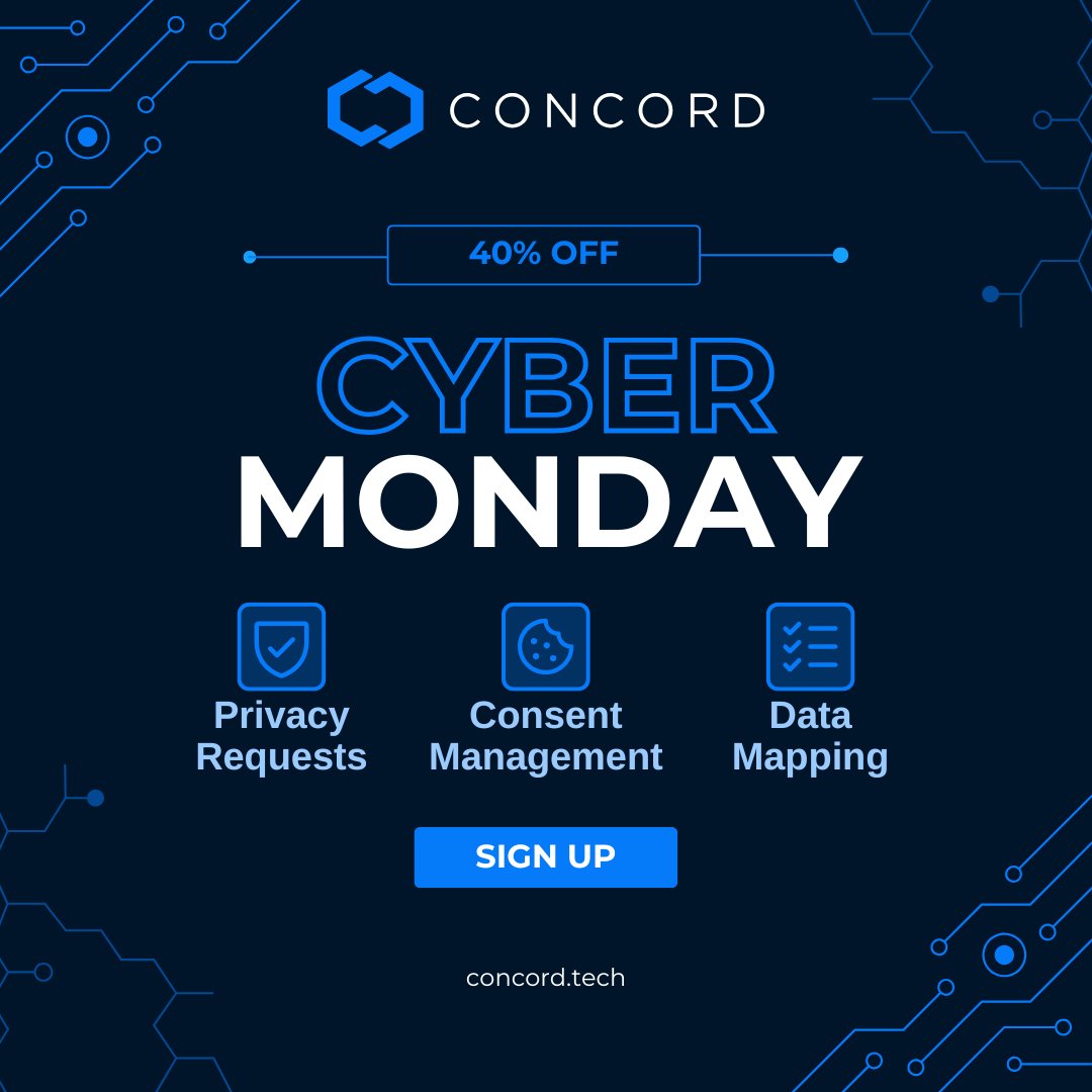 ConcordTech's tweet photo. 🔥 Cyber Monday Special: For a limited time, get 40% off all plans for 12 months with code BF40.

Concord makes it easy to build trust with your users and easily comply with the latest data privacy regulations. Our full featured privacy platform includes:

✅ Modern & Stylish Customizable Cookie Banner
✅ Privacy Privacy Request Handling (DSAR)
✅ Data Mapping

⏳ Sign up at https://t.co/4XCpyCYeqf to save and get compliant now. #BlackFriday #DataPrivacy #Privacy #GDPR #CCPA #CyberMonday
