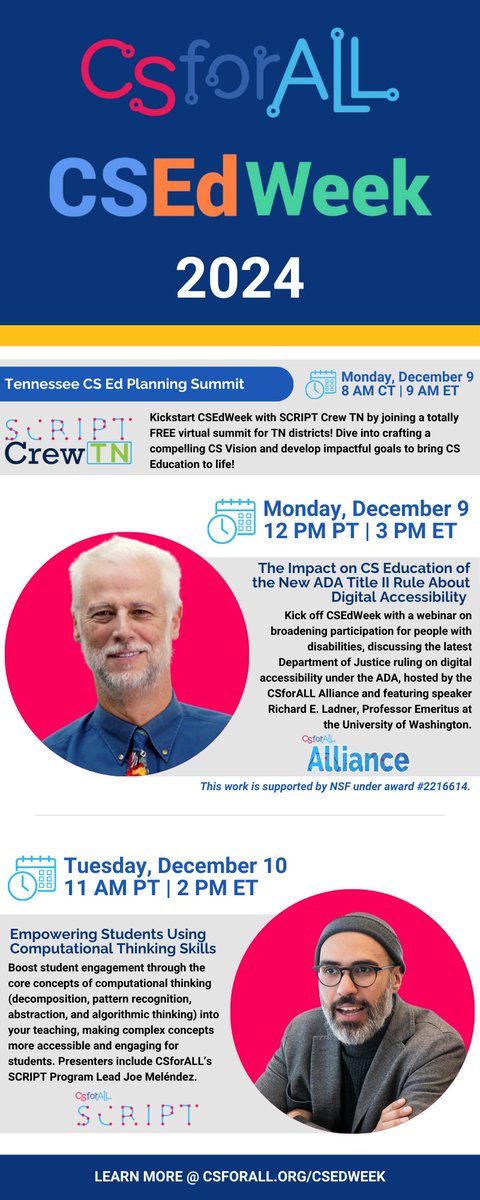 CSforALL's tweet photo. Get ready: #CSEdWeek is next week! 🎉 

Join #CSforALL for activities featuring #CSforALLAlliance and #CSforALLSCRIPT beginning Monday, December 9. Learn how you can get involved in celebrating Computer Science Education Week with us at https://t.co/6QV3bfCwoi. https://t.co/E4nmWm4W8w