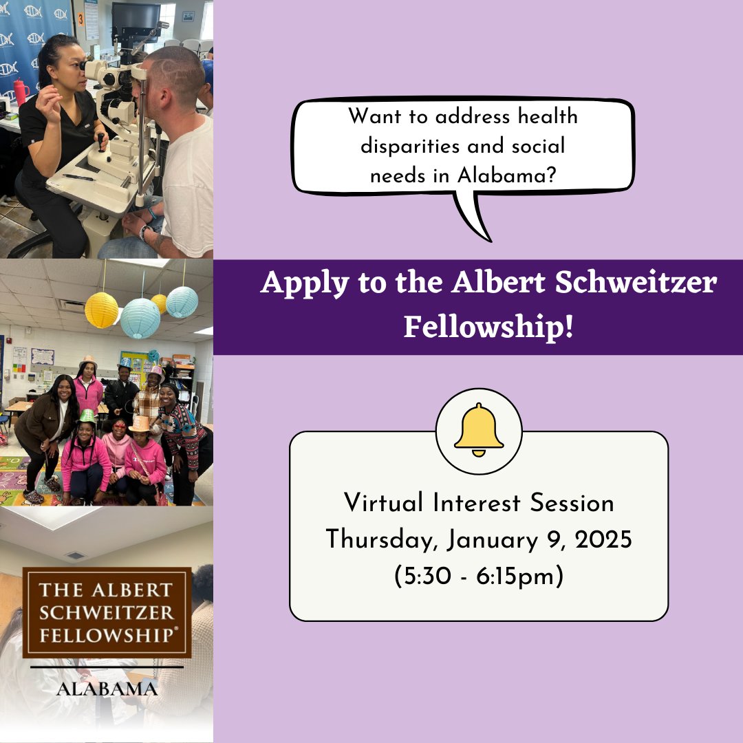 Attend an Albert Schweitzer Fellowship Virtual Interest Session!

January 9, 2025 5:30 - 6:15 pm

An overview of the Albert Schweitzer Fellowship program and application process, insights from current fellows, and a Q&amp;A!
Visit asfalabama.org/events to register!