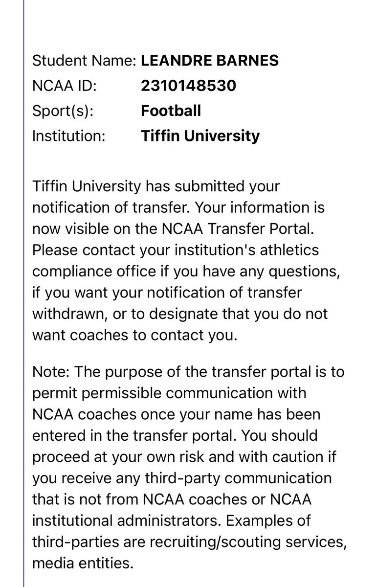 Thankful for the opportunity Tiffin University and the coaches gave me but I’ve decided to enter the transfer portal as a Redshirt Freshman with 4 years of eligibility left. (Coaches DM for Film)

fieldlevel.com/app/profile/le…