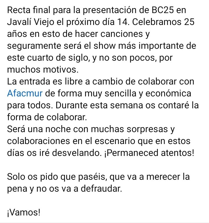 Recta final para la presentación de BC25 en Murcia el día 14. Celebramos 25 años en esto de hacer canciones y seguramente será el show más importante de este cuarto de siglo. No os lo perdáis, os aseguro que merecerá la pena. Todo en beneficio de <a href="/AFACMUR1/">Afacmur</a>

Aquí toda la info 👇🏻