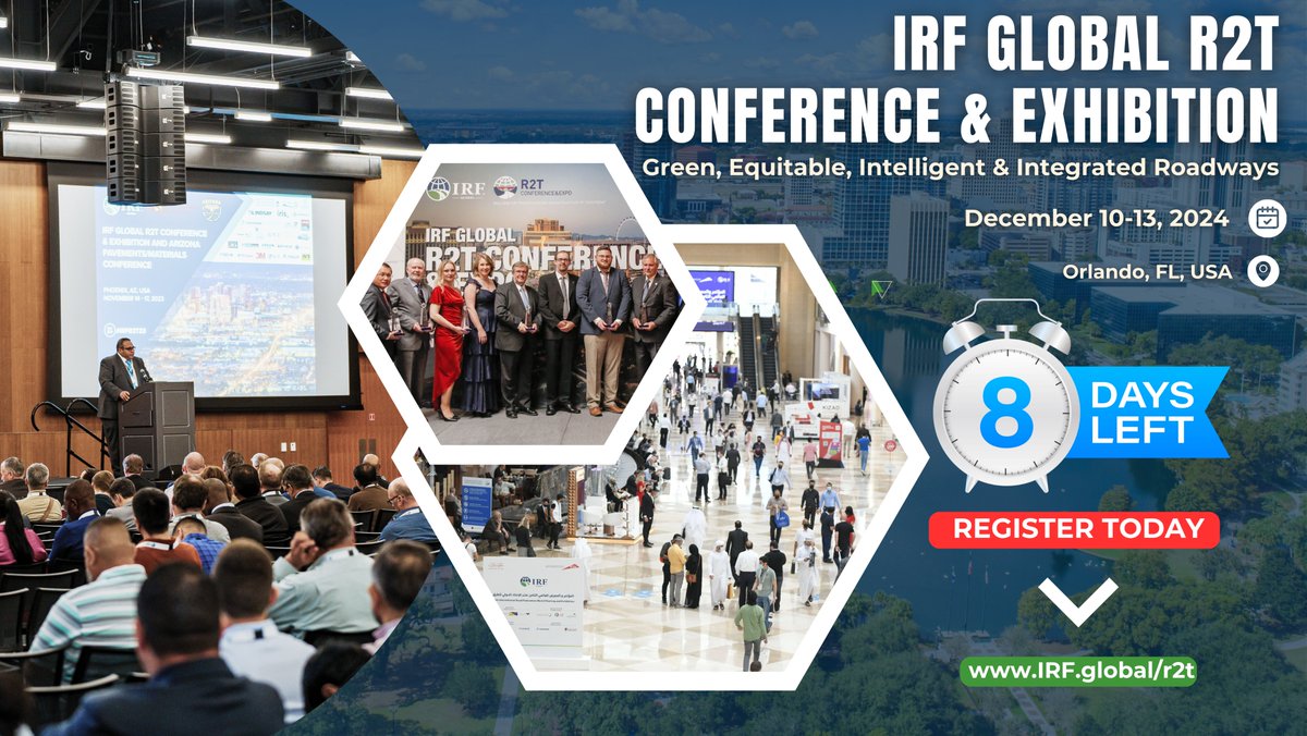 IRF_global's tweet image. 🚨 Only 1 week left until the IRF Global Roads to Tomorrow (R2T) Conference in Orlando! Register now at IRF.global/r2t.
#IRFR2T24 #RoadSafety #TransportationInfrastructure #Sustainability #IRFGlobal #Orlando #FutureofRoads
