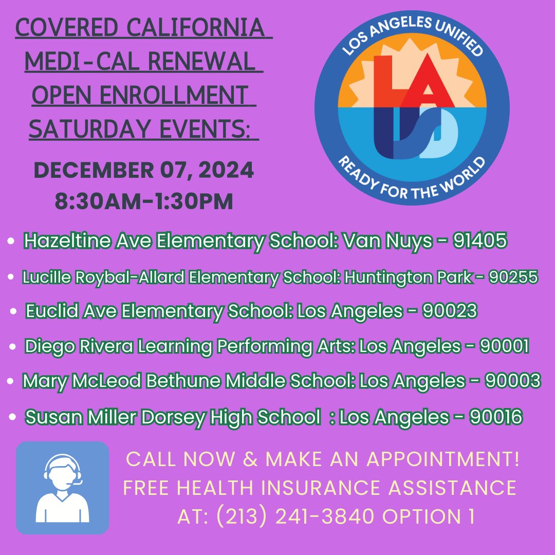 LAUSD_CHAMP (@lausd_champ) on Twitter photo Call Now to Book Your Free Health Insurance Assistance Appointment at an LAUSD Location Near You!
Student & Family Wellness Hotline:
(213) 241-3840 option 1
@hazeltinees
<a href="/lraowls/">LRA Owls</a>
@euclid_pantherpride
<a href="/performartsdrlc/">Performing Arts @ DRLC</a>
@cyla_bethune
@dorseydonshs
<a href="/CoveredCA/">Covered California</a> Call Now to Book Your Free Health Insurance Assistance Appointment at an LAUSD Location Near You!
Student & Family Wellness Hotline:
(213) 241-3840 option 1
@hazeltinees
<a href="/lraowls/">LRA Owls</a>
@euclid_pantherpride
<a href="/performartsdrlc/">Performing Arts @ DRLC</a>
@cyla_bethune
@dorseydonshs
<a href="/CoveredCA/">Covered California</a>