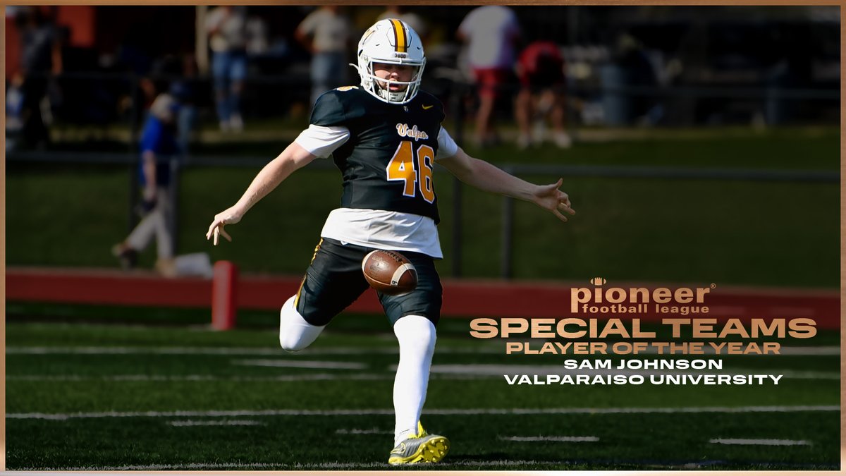 Pioneer Football (@pflnews) on Twitter photo The 2024 PFL Special Teams Player of the Year!
<a href="/valpoufootball/">Valpo Football</a> punter Sam Johnson!
His 47.13 yards per punt broke the PFL single-season record by nearly four yards per punt and was the third-best punting average in the FCS this season. The 2024 PFL Special Teams Player of the Year!
<a href="/valpoufootball/">Valpo Football</a> punter Sam Johnson!
His 47.13 yards per punt broke the PFL single-season record by nearly four yards per punt and was the third-best punting average in the FCS this season.