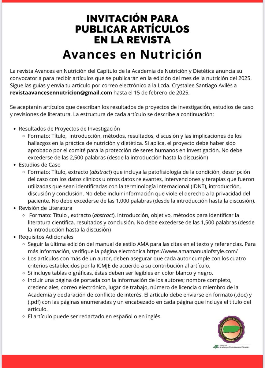 🎉 ¡Invitación Abierta! 📚

Fecha límite: 15 de febrero de 2025
Envía tu artículo siguiendo las guías editoriales a:
Lcda. Crystalee Santiago Avilés
📧revistaavancesennutricion@gmail.com
#yosoyandpr
