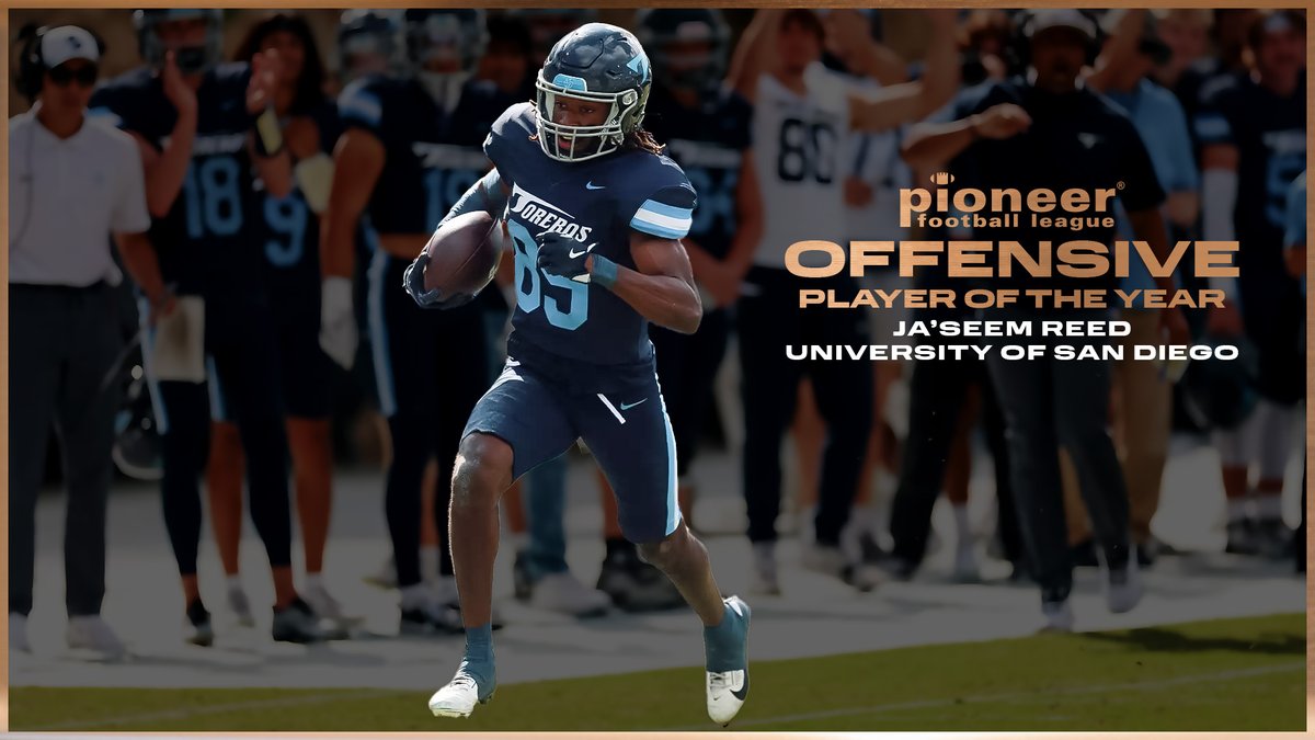 Pioneer Football (@pflnews) on Twitter photo The 2024 Offensive Player of the Year!
<a href="/USDFootball/">San Diego Football</a> wide receiver Ja'Seem Reed!
The PFL's lone 1,000-yard receiver, his 1,052 receiving yards and 12 touchdown receptions led all PFL receivers. Reed ranked fourth in the FCS with 12 TD receptions and was among 14 receivers with The 2024 Offensive Player of the Year!
<a href="/USDFootball/">San Diego Football</a> wide receiver Ja'Seem Reed!
The PFL's lone 1,000-yard receiver, his 1,052 receiving yards and 12 touchdown receptions led all PFL receivers. Reed ranked fourth in the FCS with 12 TD receptions and was among 14 receivers with