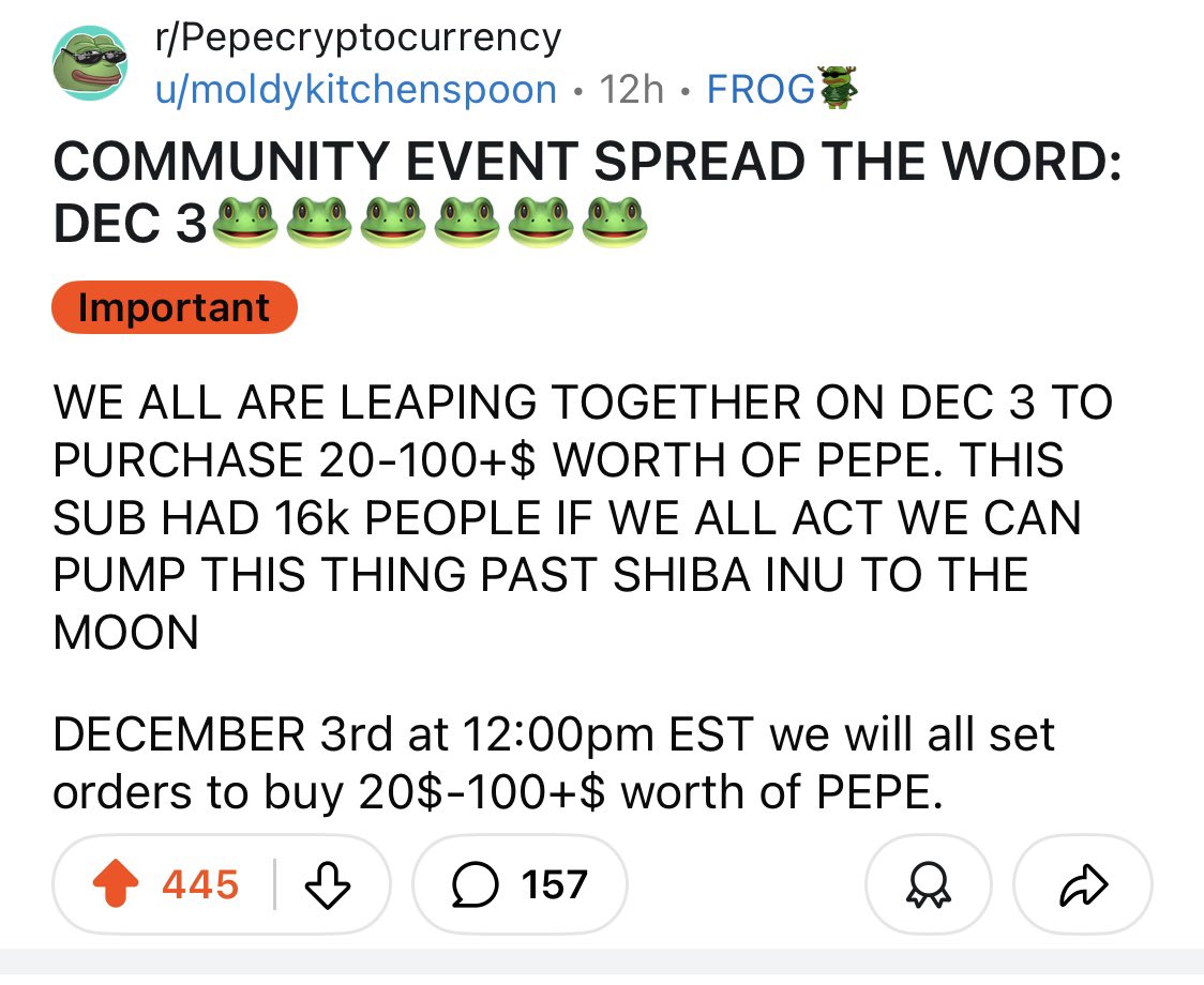 PandysPlace's tweet photo. $Pepe Frens! Redit Frens are making moves. 

Tomorrow (December 3rd) community pump! 
(5pm UK time)
Let's get the $Pepe @X Community involved! 

Repost repost repost. 
Save image and post! 

#Community #Pump #Pepe #Pepecoin @pepecoineth https://t.co/0Q5waY6ozc