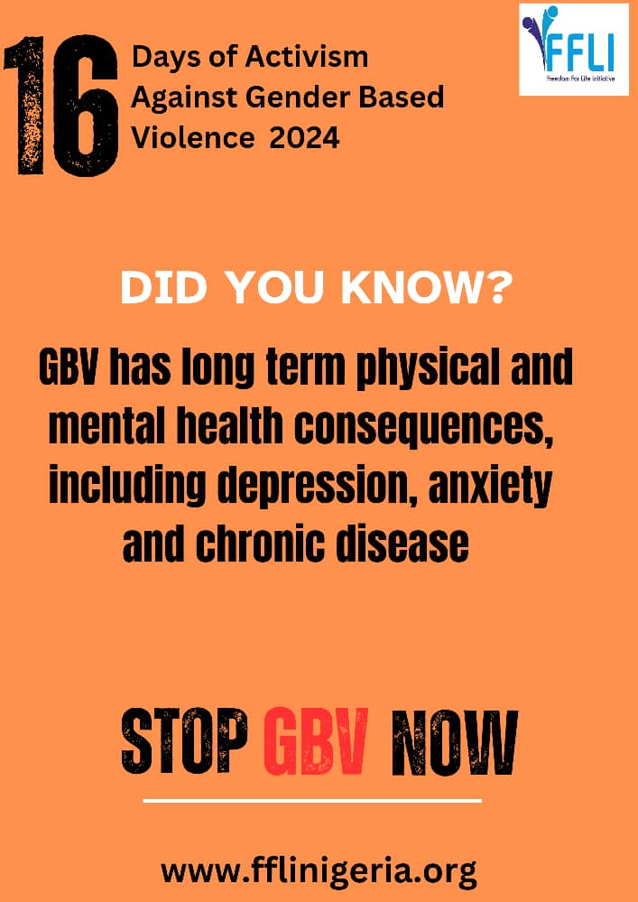 freedom4li's tweet photo. 💡 Did You Know?
GBV has lasting effects on physical &amp; mental health, including depression, anxiety, and chronic diseases.

As part of the #16DaysOfActivism, let’s raise our voices to #StopGBV NOW!

🌐 Learn more: https://t.co/6WEVK8ASTr

#EndViolenceNow #FFLINigeria #ActNow https://t.co/23oaZgw6cF