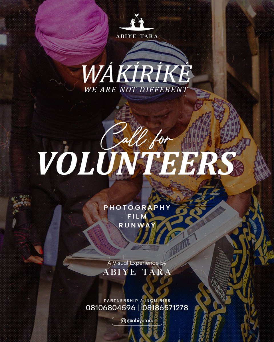 Tribe! We’re thrilled to announce an open call for volunteers to join our upcoming Visual Art Exhibition! 

📩 Interested? Send us a DM to apply. 
🗓️ Deadline: 21st December 

Be part of something unforgettable!
#wàkìrìkè #abiyetara #wearenotdifferent #callforvolunteers