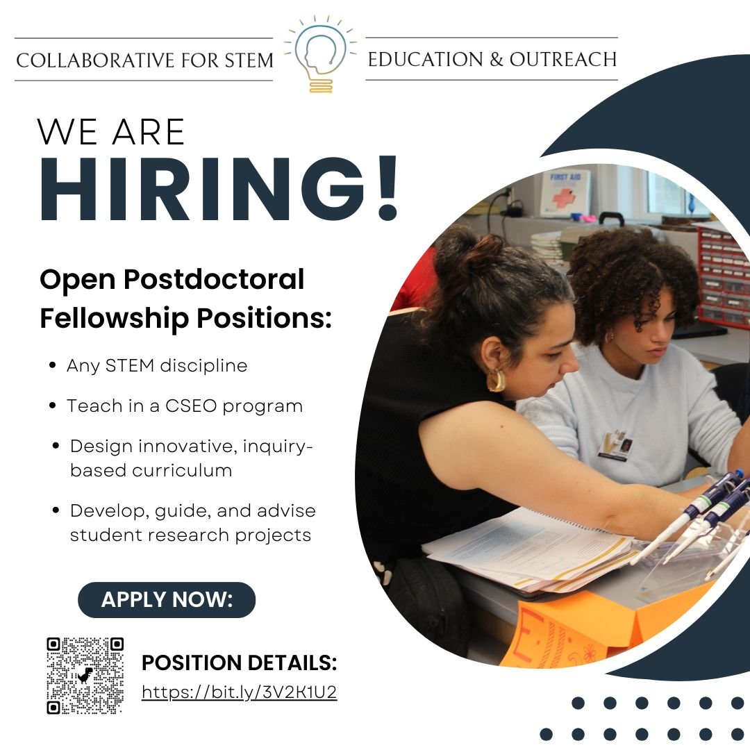 Vanderbilt Collaborative for STEM Ed. & Outreach (@vanderbiltcseo) on Twitter photo The <a href="/VanderbiltCSEO/">Vanderbilt Collaborative for STEM Ed. & Outreach</a> is hiring postdocs with a PhD in any STEM discipline interested in gaining experience in teaching, curriculum design, and research project supervision/development.
Please share! Full posting: bit.ly/3V2K1U2 #postdocjob #PhDposition #STEMed The <a href="/VanderbiltCSEO/">Vanderbilt Collaborative for STEM Ed. & Outreach</a> is hiring postdocs with a PhD in any STEM discipline interested in gaining experience in teaching, curriculum design, and research project supervision/development.
Please share! Full posting: bit.ly/3V2K1U2 #postdocjob #PhDposition #STEMed