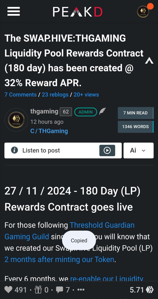 $SWAP.HIVE : $THGAMING Liquidity Pool rewards now live for 180 days @ 32% APR. All details in this POST (LINKED)! 📈

Want to join the #post2earn REVOLUTION of CRYPTO? Download <a href="/HiveKeychain/">Hive Keychain</a> and <a href="/PeakDcom/">PeakD</a> and start EARNING for your POSTS 💵 #crypto #hive
 peakd.com/hive-184309/@t…