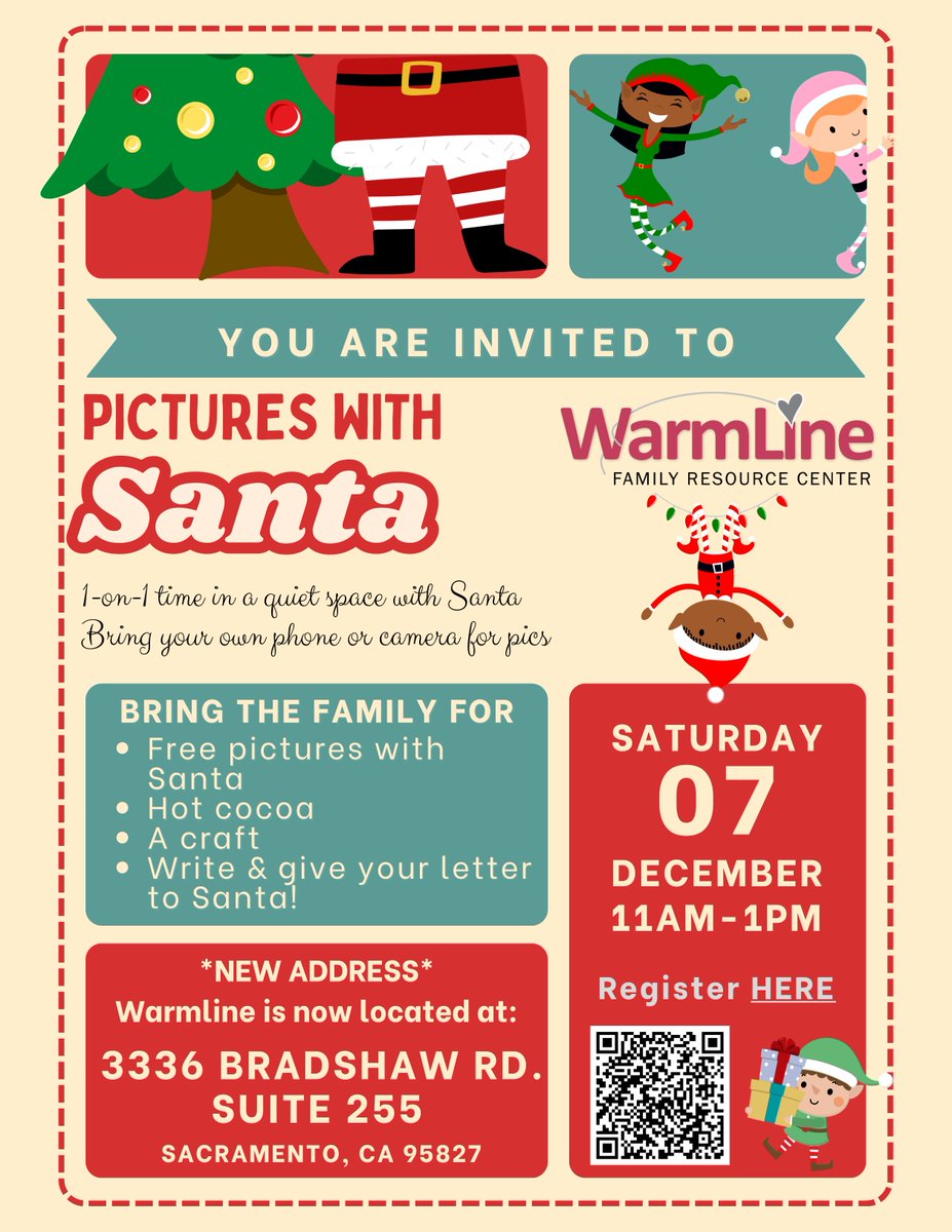 Please join us this Saturday, December 7 from 11am-1pm at WarmLine's new office at 3336 Bradshaw Road. 
Enjoy some community time with families on a similar journey!
Register here: eventbrite.com/e/warmlines-pi…