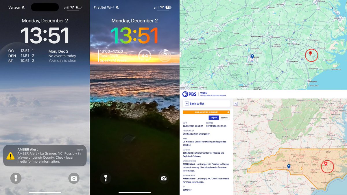 traviscryan's tweet photo. @therobdale @zachstanford @suttonj Oh look at this... So many things. @Verizon delivered. @ATT @FirstNetGov did not.๐ค Maybe FN knew I didn't need an @AMBERAlert from over 200 miles away? Especially one that gives ZERO useful info... #Learn2Warn https://t.co/Kioe7UrYqo