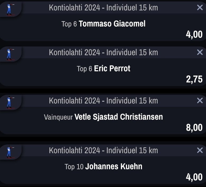 MS_Pronos_MS's tweet photo. Bonsoir

Voici nos picks pour ❄️ l'individuel 15km (H) de demain

🟢 pour les 4 premiers bets
🔵 pour les 4 suivants
Les 3 derniers en fun 🔥

Explications des 🟢 et 🔵 ➡️ telegram (https://t.co/0xKc4JgSKr…)

#TeamParieur #Biathlon #lequipebiathlon @HollowSlippy @dr_djekill https://t.co/RD3GhcqCTL