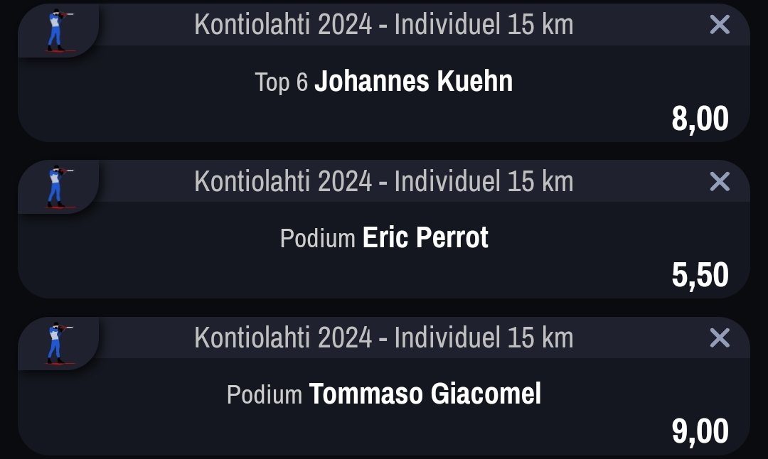 MS_Pronos_MS's tweet photo. Bonsoir

Voici nos picks pour ❄️ l'individuel 15km (H) de demain

🟢 pour les 4 premiers bets
🔵 pour les 4 suivants
Les 3 derniers en fun 🔥

Explications des 🟢 et 🔵 ➡️ telegram (https://t.co/0xKc4JgSKr…)

#TeamParieur #Biathlon #lequipebiathlon @HollowSlippy @dr_djekill https://t.co/RD3GhcqCTL