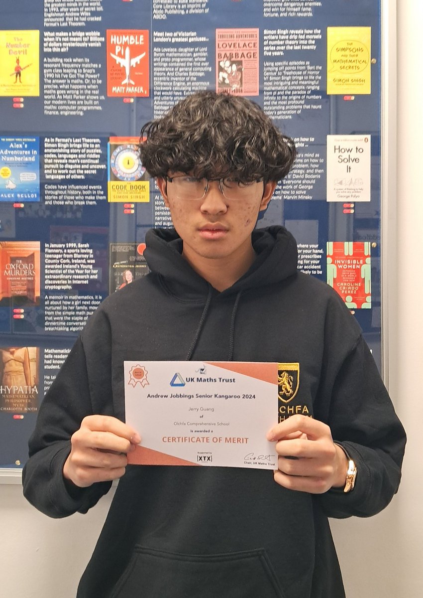 Olchfa Mathematics & Computing (@compmathsolchfa) on Twitter photo Congratulations to Jerry for his Merit in the Andrew Jobbings Senior Kangaroo 2024 <a href="/UKMathsTrust/">UK Maths Trust</a>! 👏🏻👏🏻 Excellent result! 🙌🏻 Well done also to Ruby for her certificate of qualification! Lots of hard thinking and Maths enjoyment! Really proud of both of you! <a href="/Olchfaschool/">Olchfa School</a> Congratulations to Jerry for his Merit in the Andrew Jobbings Senior Kangaroo 2024 <a href="/UKMathsTrust/">UK Maths Trust</a>! 👏🏻👏🏻 Excellent result! 🙌🏻 Well done also to Ruby for her certificate of qualification! Lots of hard thinking and Maths enjoyment! Really proud of both of you! <a href="/Olchfaschool/">Olchfa School</a>