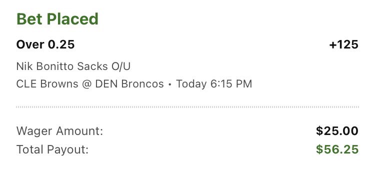 GFraz91's tweet photo. I’m playing Nick The Beast Bonitto Over 0.25 Sacks (DK) 90% hit rage over the L10 and 100% against the browns. Prices ranging 125 to 135 depending on the book. Just check house rules for what counts as a sack. Research done with @propsdotcash https://t.co/njKAOynJb4
