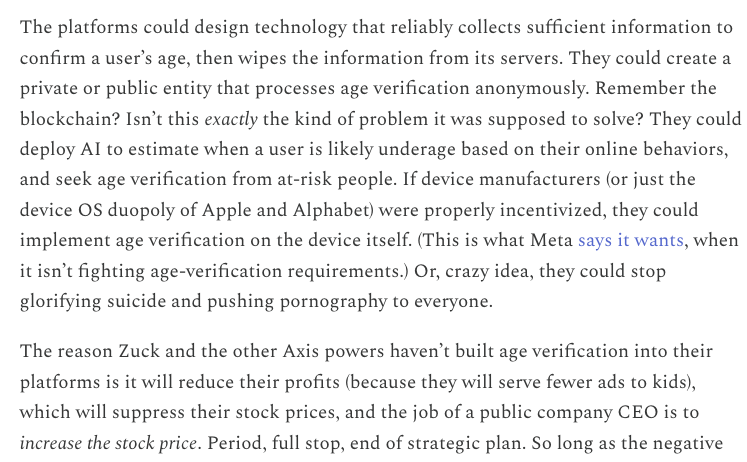 Why do we have legal minimum ages? To protect kids from at least 4 harms: graphic sex, graphic violence, addiction, &amp; health/safety hazards. 

Social media exposes kids to all 4. 

<a href="/profgalloway/">Scott Galloway</a> and I explain why social media should be  age-gated:

afterbabel.com/p/scott-gallow…