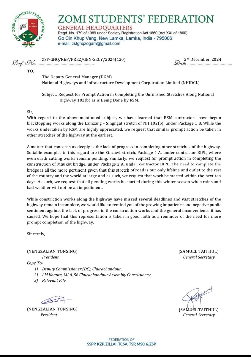 zsfD_official's tweet photo. The ZSF GHQ requests for a prompt action for completing the Unfinished Stretches Along National Highway 102(b) as is Being done by RSM. 

Letter to the DGM-@nhidcl https://t.co/VUlT7FcKc2