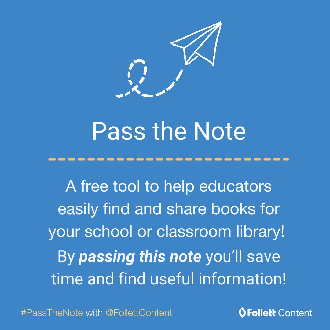 follettcontent's tweet image. PSST, #PassTheNote! When your time is limited, let us help you easily find and share books for your classroom or school library with our free book list tool. bit.ly/4fKIXMV

#PassTheNotewithFollettContent #FreeTeacherResources #FreeTeacherTool #EdChat #TLChat