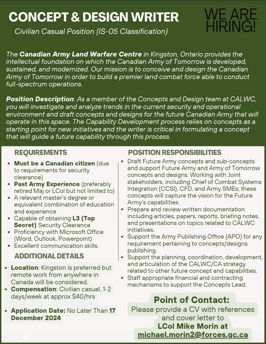 🇨🇦 Job Opportunity Alert 🇨🇦 Canadian Army Land Warfare Centre (CALWC) is seeking a Concepts &amp; Designs Writer part-time! CALWC's mission is to conceive &amp; design the Canadian Army of Tomorrow. You’ll research &amp; draft concepts for future Army capabilities. Interested? See details👇